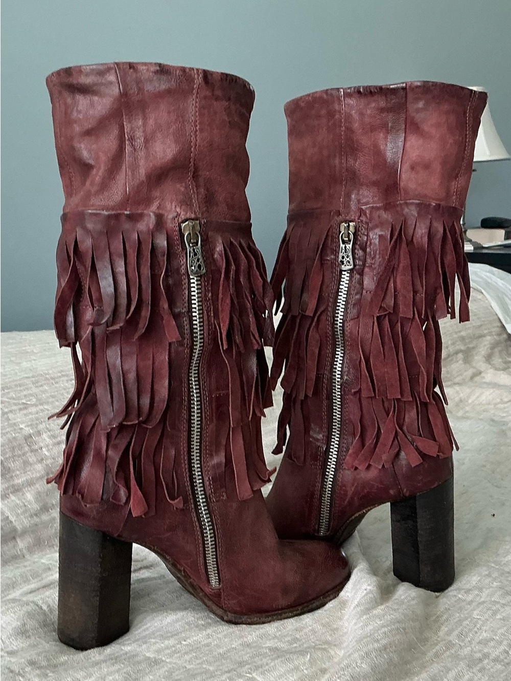 A.S.98 Burgundy Layered Fringe Mid-Calf Leather Boots - Picture 5 of 7